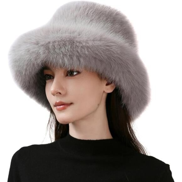 Luxury Faux Fur Bucket Hat for Women Grey - Picture 1 of 7